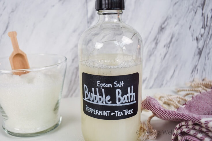 bottle of DIY bubble bath with epsom salt