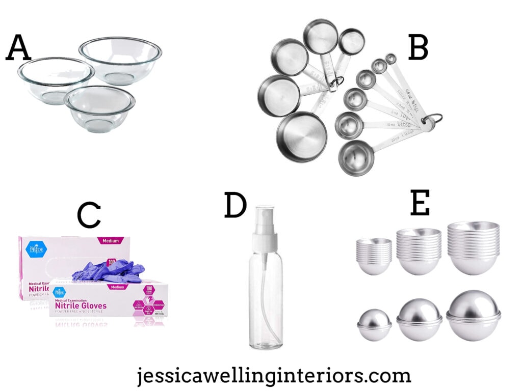 collage of tools & materials needed to make DIY bath bombs: mixing bowls, measuring cups & spoons, nitrili gloves, a small spray bottle, and bath bomb molds