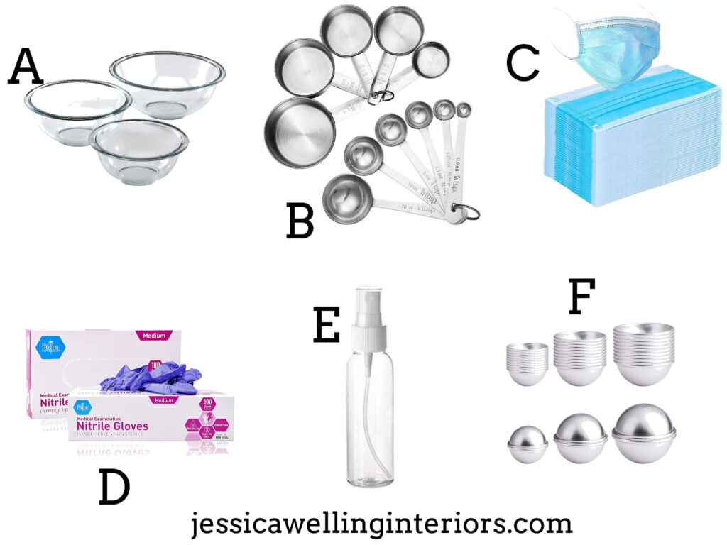 collage of tools and materials needed to make DIY bubble bath bombs