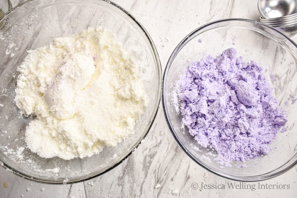 two bowls of bath bomb mixture- white and purple