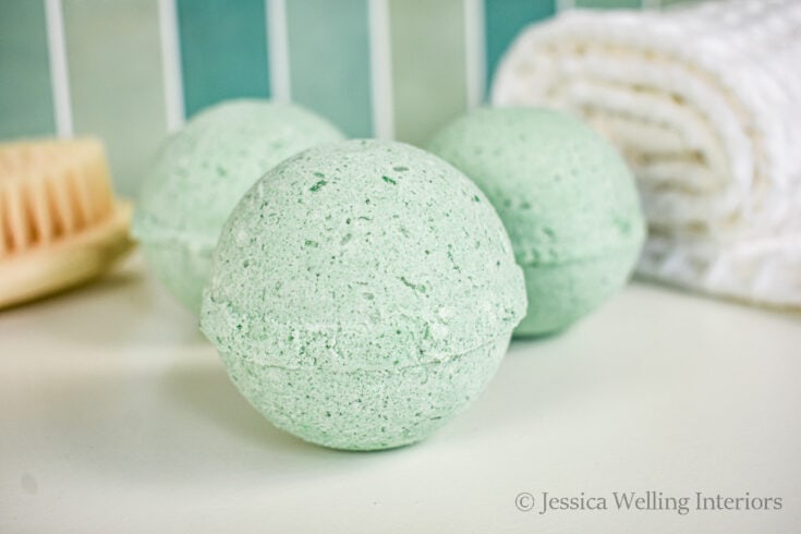 close-up of three DIY bath bombs on a countertop