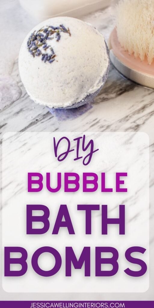DIY Bubble Bath Bombs: purple and white bubble bath bomb next to a scrub brush
