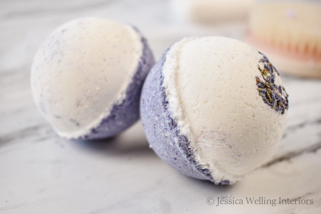 lavender scented bubble bath bombs on a bathroom counter