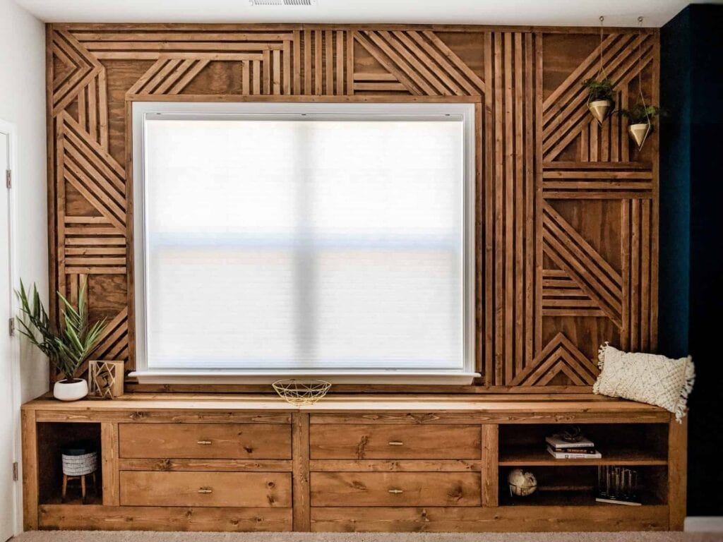modern DIY wood accent wall with a window seat