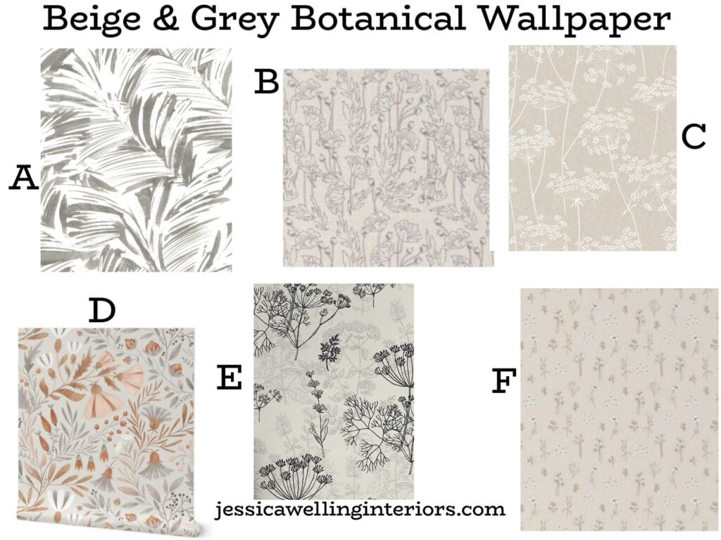 Beige & Grey Botanical Wallpaper: collage of six different wallpaper prints in beige & grey