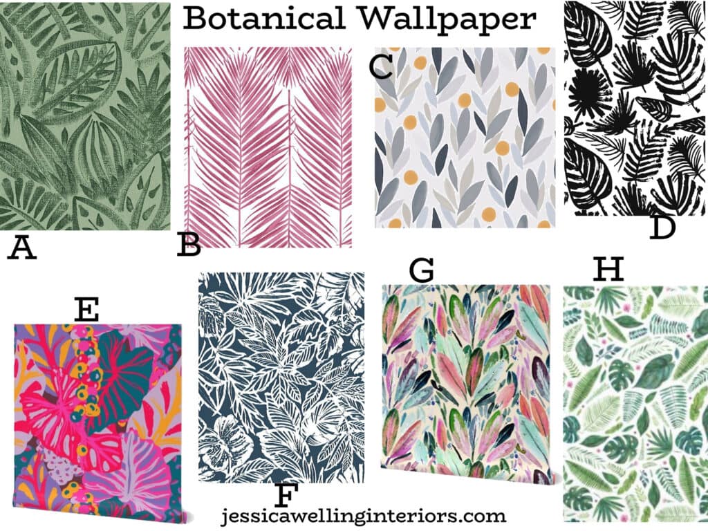 Botanical Wallpaper for Girls: collage of plant and leave themed wallpapers for girls rooms with monstera, ferns, palm fronts, and tropical leaves