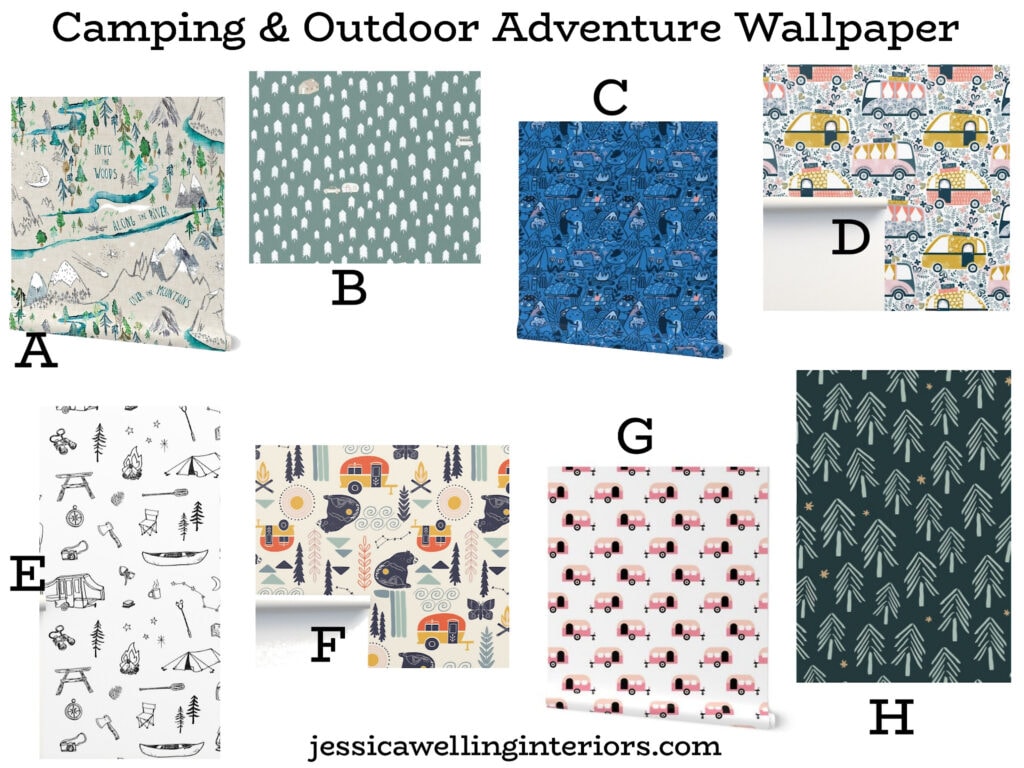 Camping & Outdoor Adventure Wallpaper for Girls: collage of 8 different cool wallpapers for girls with trees, tents, campers, trailers, kayaks, mountains, etc.