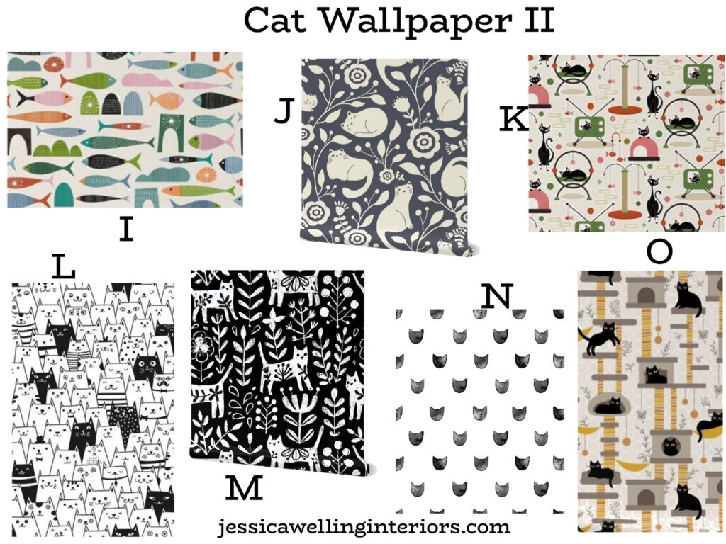 Cat Wallpaper II: collage of 8 different cat wallpaper prints for girls rooms