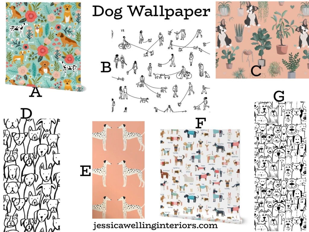 Dog Wallpaper for Girls: collage of cute dog wallpapers for girls bedrooms, playrooms and nurseries, with dalmatians, Boston Terriers, poodles, terriers, and many more.