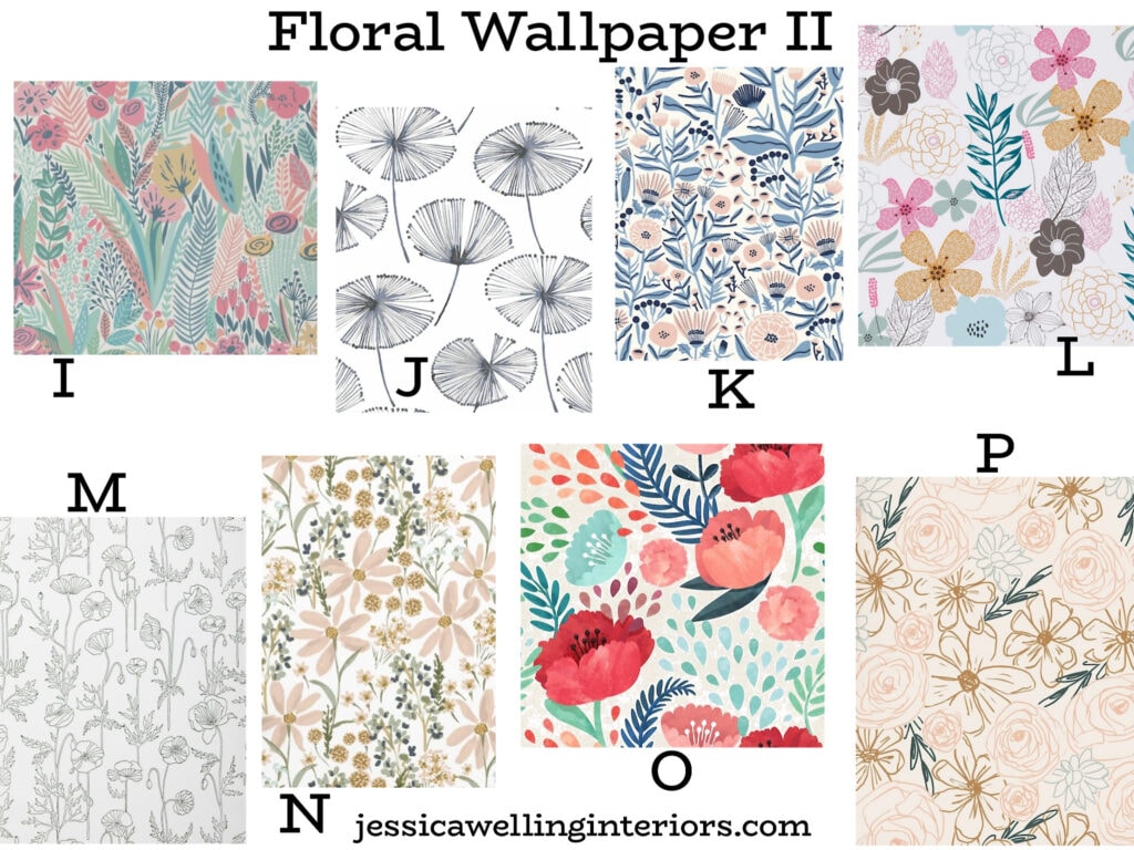 Floral Wallpaper for Girls II: collection of Boho wallpaper patterns for girls' bedrooms with flowers and leaves