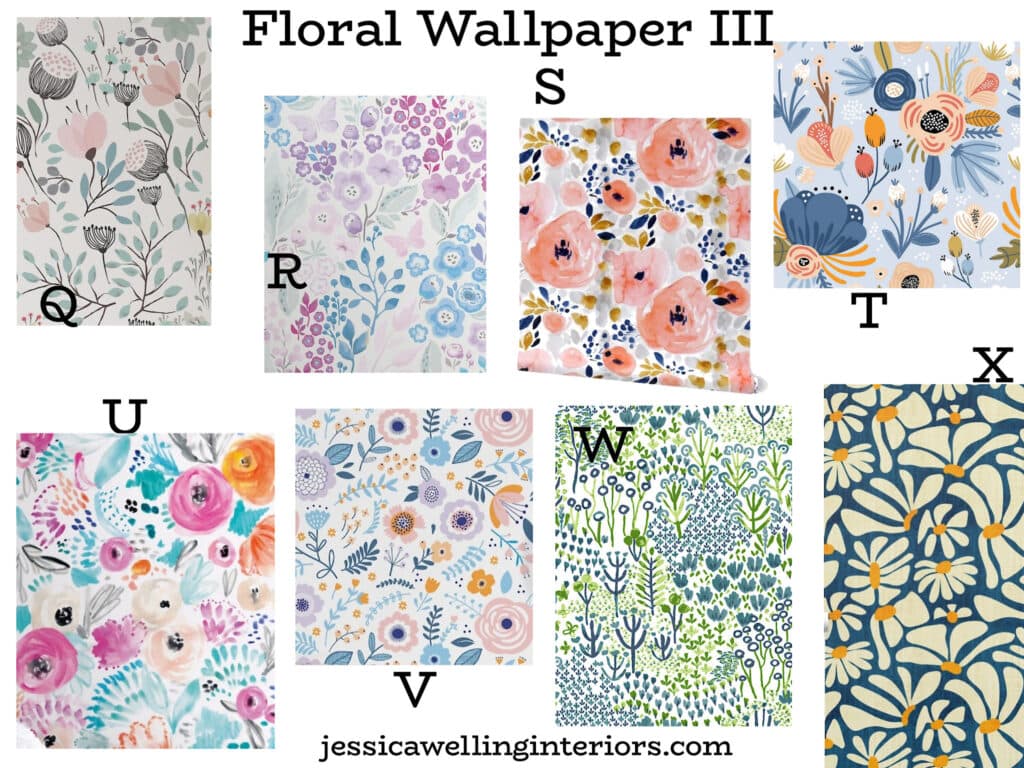 Floral Wallpaper for Girls 3: collage of colorful floral wallpaper prints for girls' rooms with daisies, roses, peonies, poppies, etc.