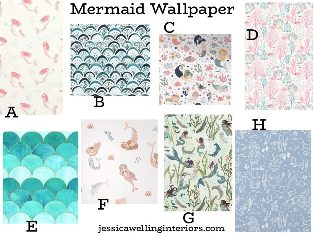Mermaid Wallpaper: collage of 8 different cool wallpapers for girls with mermaids, fish, seashells, and mermaid scales