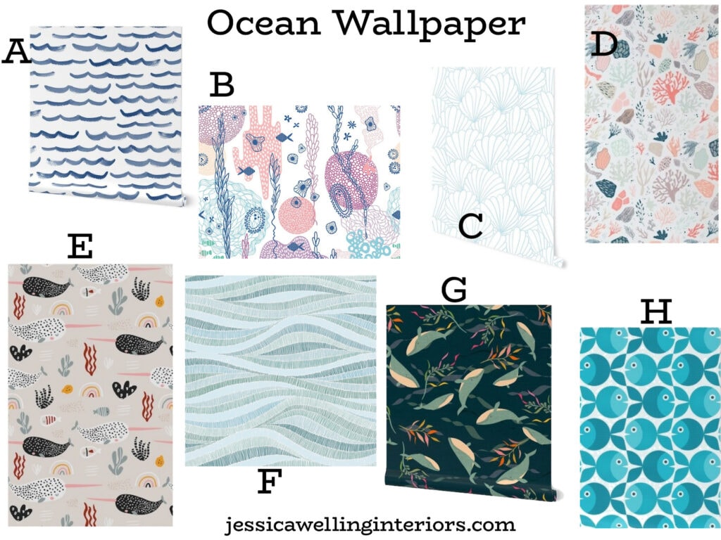 Ocean Wallpaper: collage of 8 different ocean-themed wallpapers for girls rooms with fish, coral, seashells, narwhals, and whales