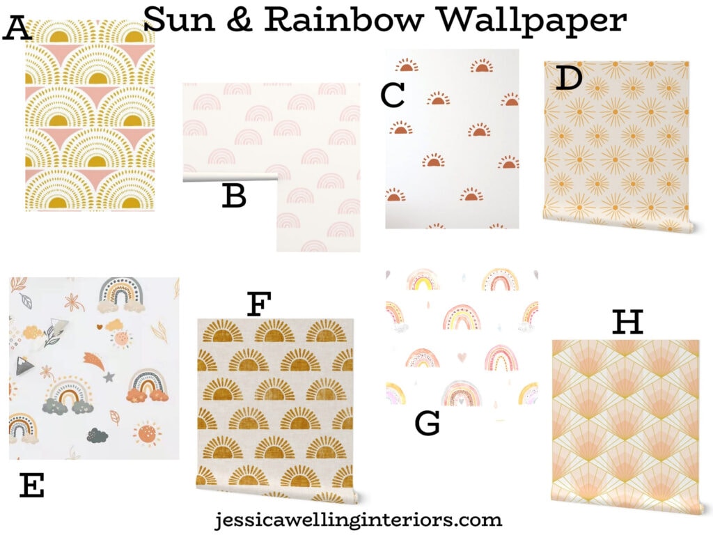 Sun & Rainbow Wallpaper: collage of Boho wallpaper ideas for girls' rooms with suns and rainbow motifs