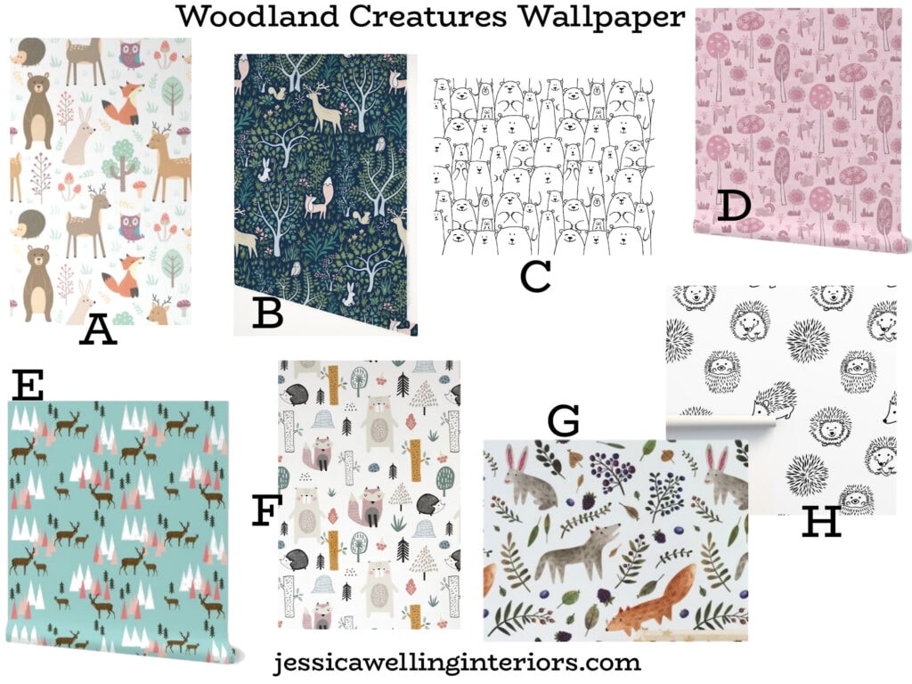 Woodlna Creatures Wallpaper for Girls: collection of woodland animal themed wallpaper for girls bedrooms and girl nurseries with foxes, hedgehogs, deer, bunnies, rabbits, owls, and bears