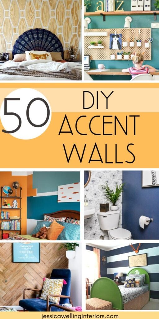 50 DIY Accent Walls: collage of 6 feature walls with wood, paint, wallpaper, stencils, and more