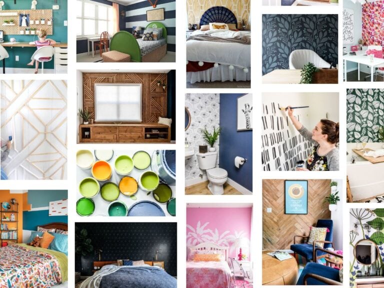 collage of modern DIY accent wall ideas with wallpaper, stencils, paint, molding, and ship-lap