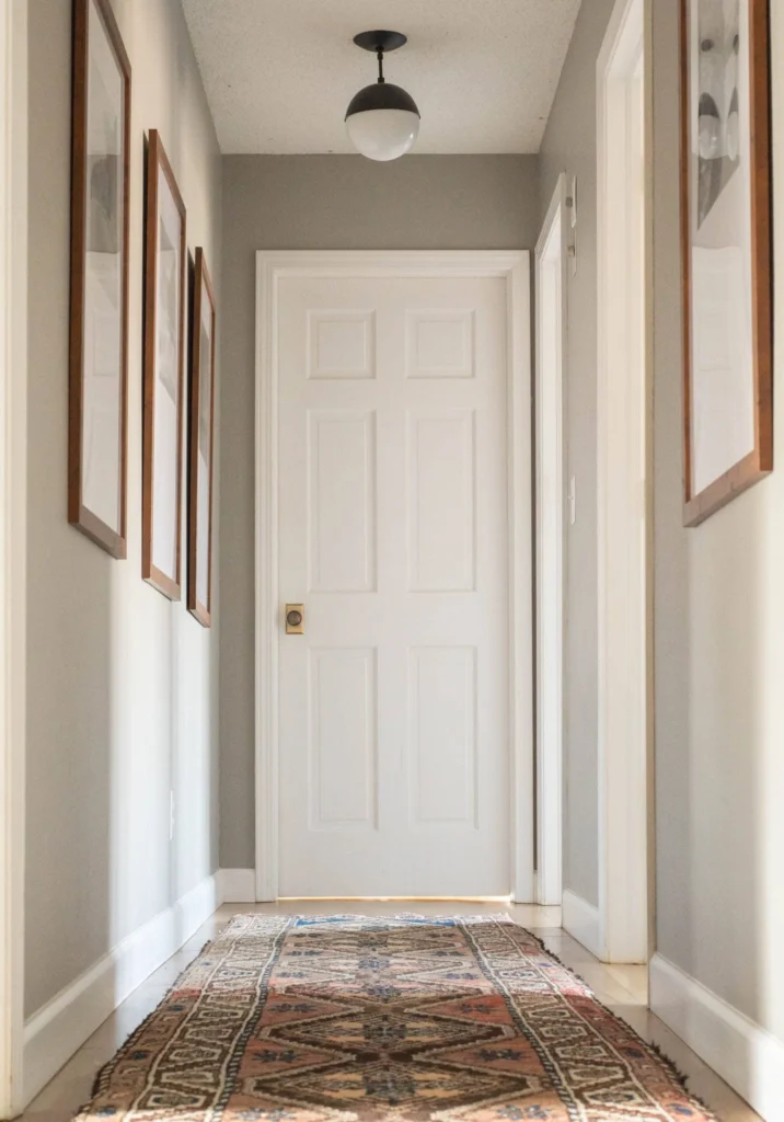 hallway with a rust colored runner rug