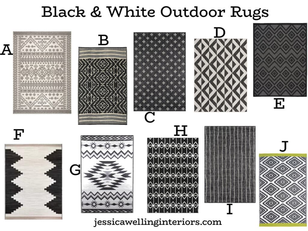 Black & White Outdoor Rugs: collage of 10 different Boho outdoor rugs in black & white with modern tribal and geometric patterns
