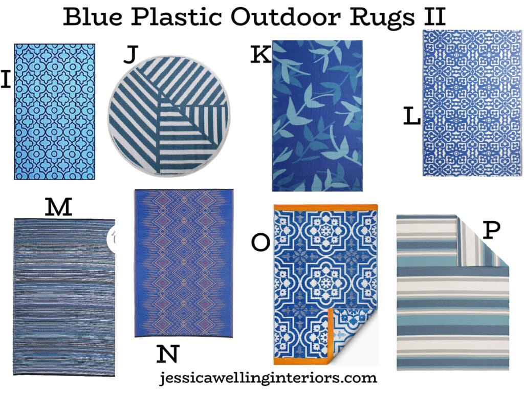 Blue Plastic Outdoor Rugs II: collage of 8 blue Rio mats for decks and patips