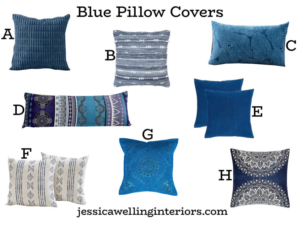 Blue Pillow Covers: collage of blue pillow covers with Bohemian details