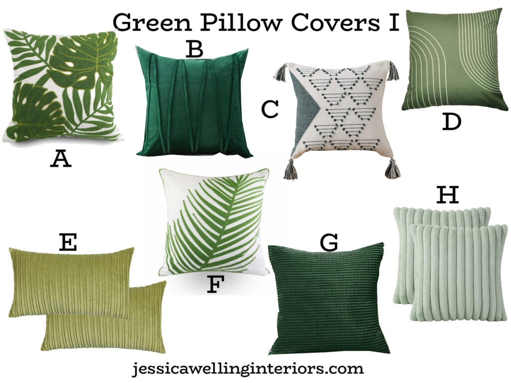 Green Pillow Covers I: collage of eight different throw pillow covers in green with modern Boho designs like tassels, corduroy, velvet, tufting, etc.