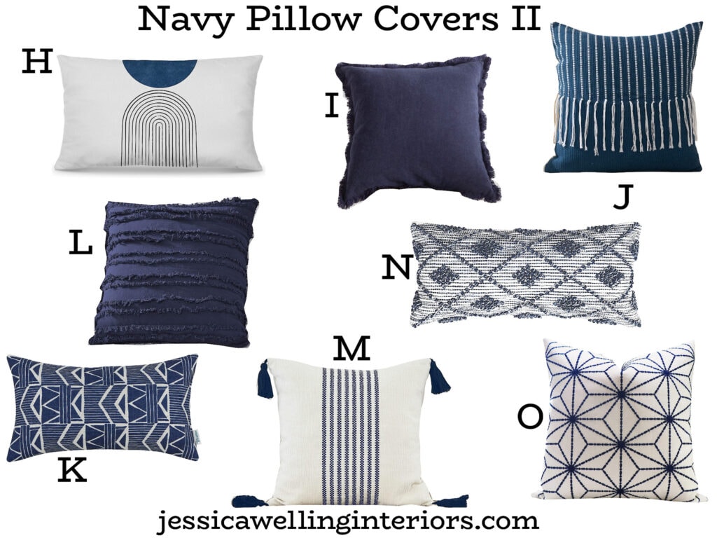 Navy Pillow Covers: collection of 8 navy throw pillow covers with modern Boho details