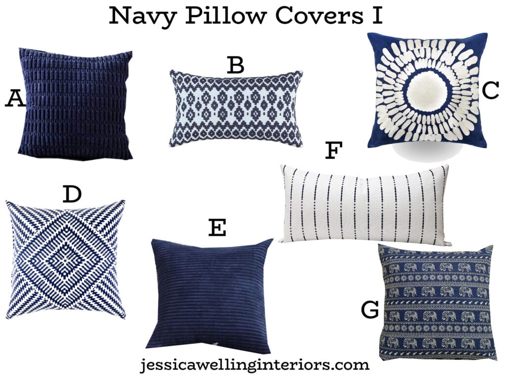 Navy Pillow Covers I: collage of seven different cheap pillow covers in navy blue with Bohemian patterns