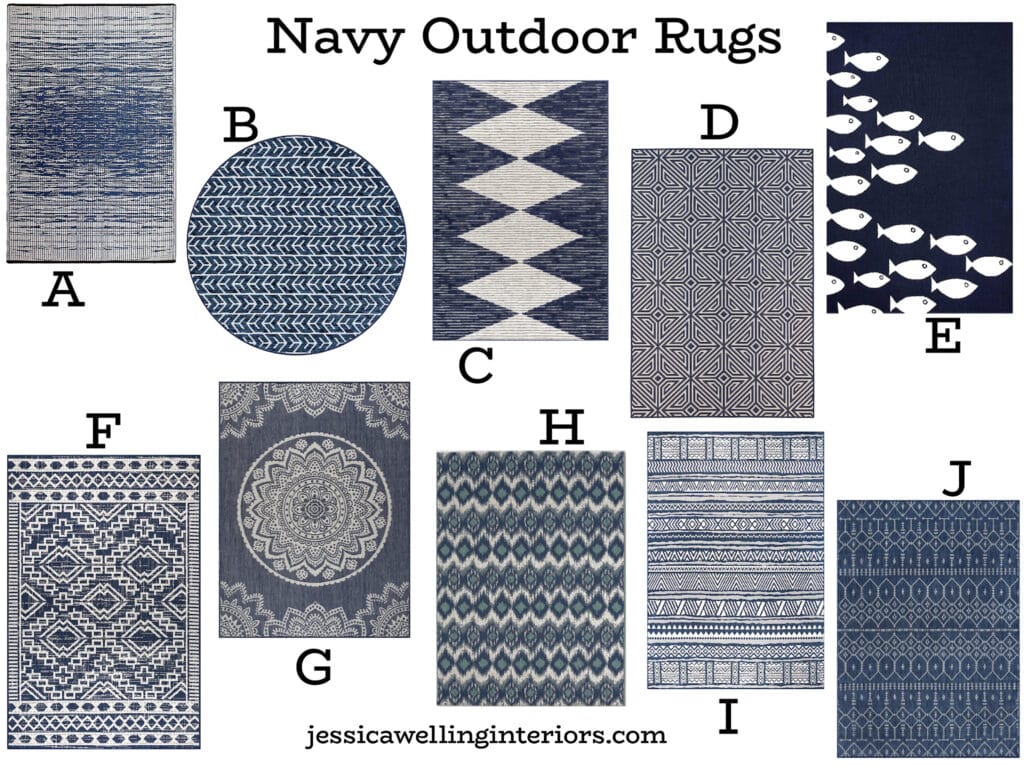 Navy outdoor rugs: collection of 10 Boho patio rugs in navy blue and white