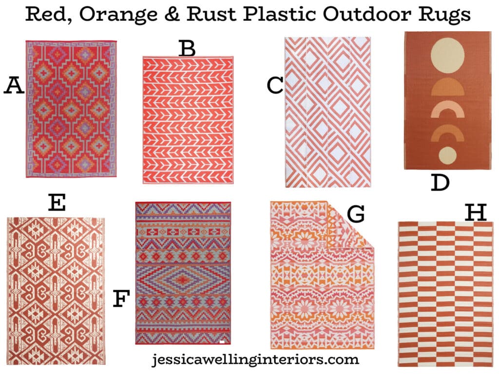 Red, Orange & Rust Plastic Outdoor Rugs: collage of rust patio rugs with modern geometric patterns