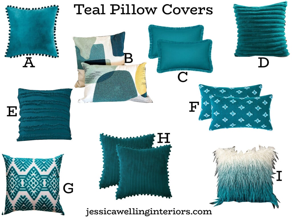 Teal Pillow Covers: collage of 9 different Boho teal pillow covers from Amazon with corduroy, faux fur, fringe, tufting, pom poms, etc.