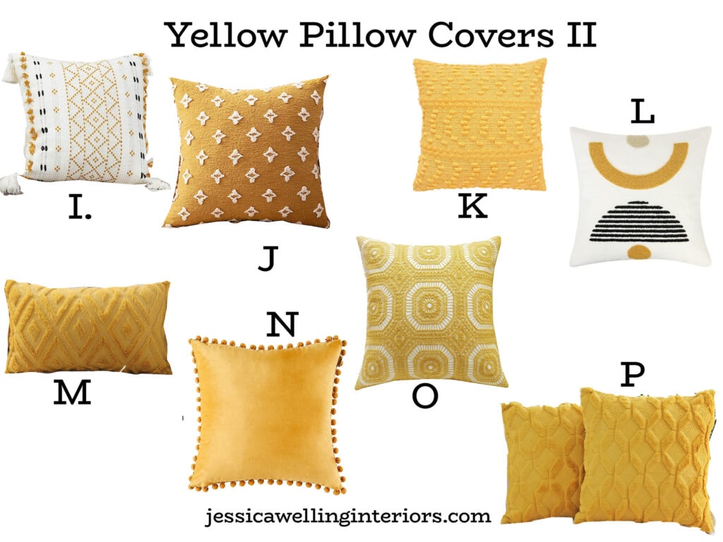 Yellow Pillow Covers II: collage of Amazon pillow covers in Yellow with Boho details
