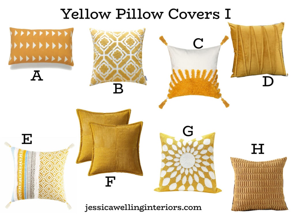 Yellow Pillow Covers: collage of Boho pillow covers in yellow, mustard