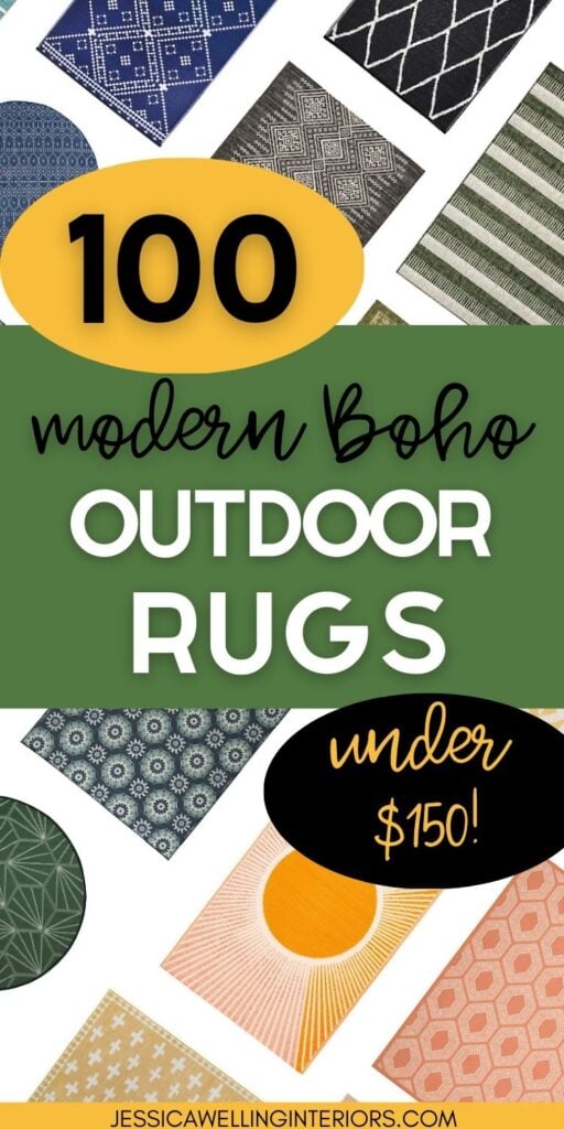 100 Modern Boho Outdoor Rugs Under $150!: collage of colorful outdoor rugs