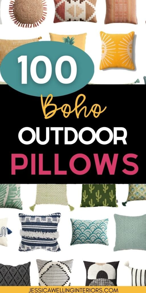100 Boho Outdoor Pillows: collage of colorful modern Boho outdoor pillows