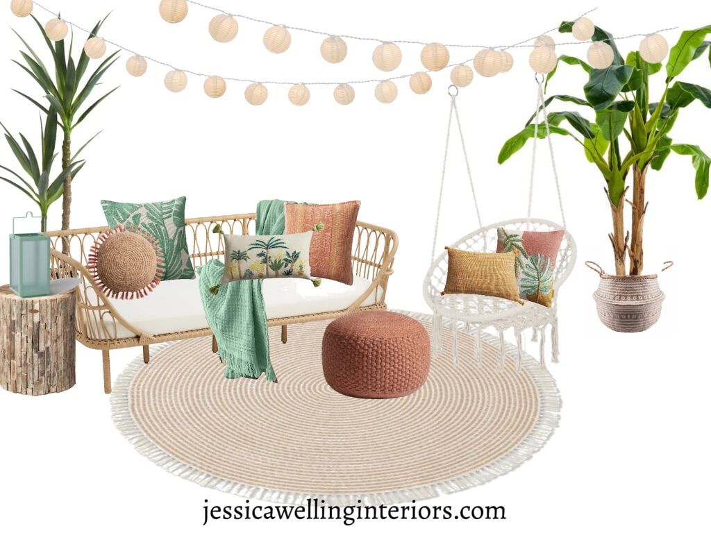 outdoor living room design board with an outdoor daybed, Boho outdoor pillows, and a macrame swing chair