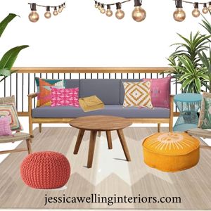 Boho outdoor living room design board with an outdoor sofa, and colorful pillows
