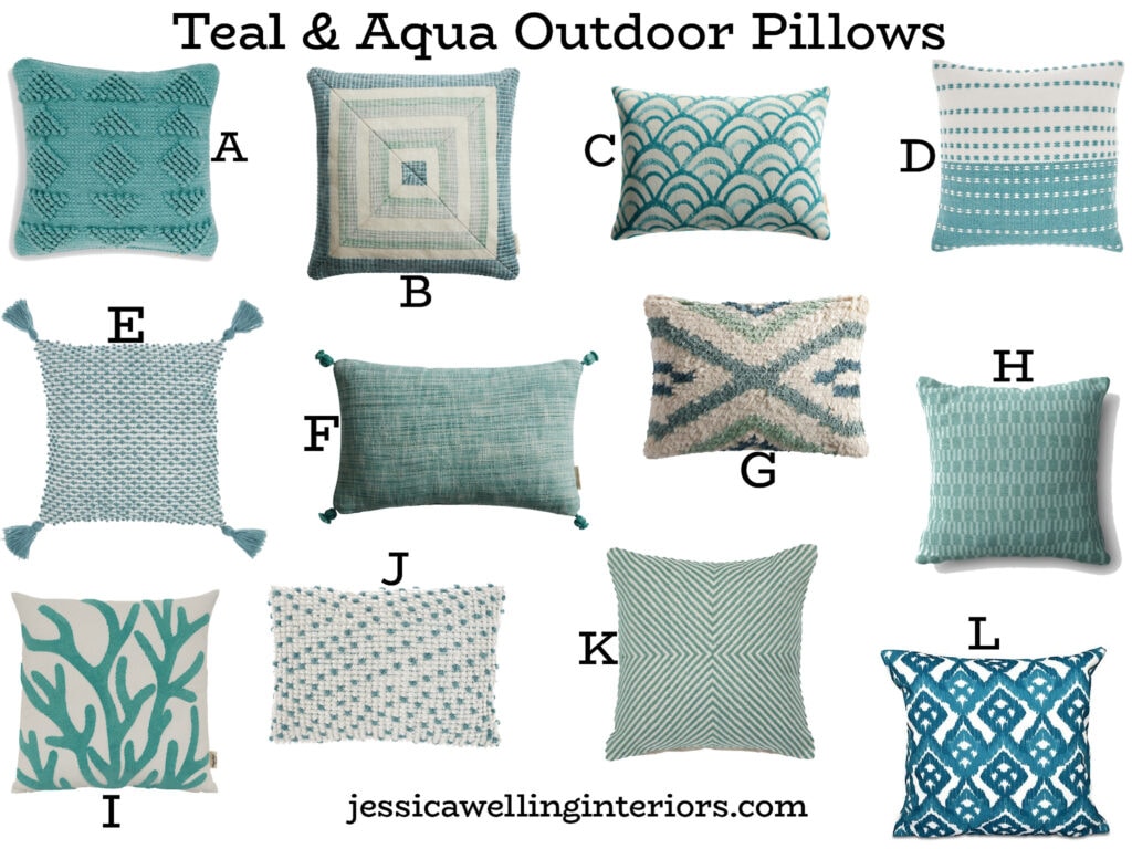 Teal & Aqua Outdoor Pillows: collage of 12 cheap outdoor pillows in aqua, turquoise, and teal