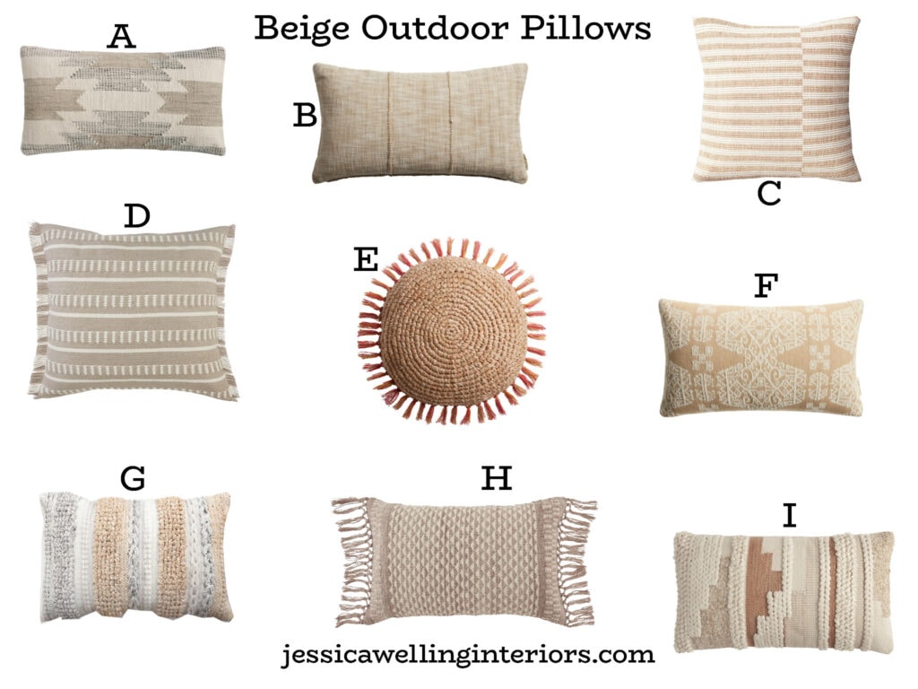 Beige Outdoor Pillows: collage of 9 different outdoor throw pillows in beige, natural, taupe, and neutral colors.
