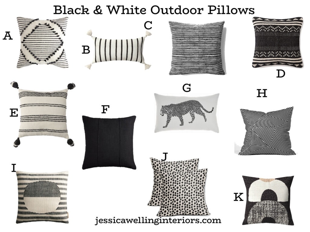 Black & White Outdoor Pillows: collage of modern patio cushions in black, white & ivory