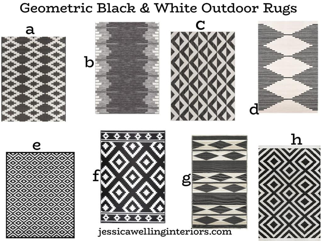 Geometric Black & White Outdoor Rugs: collage of outdoor area rugs with modern patterns