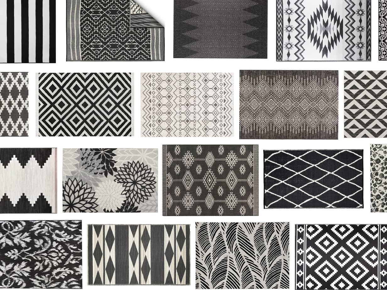 collage of affordable modern black & white outdoor rugs