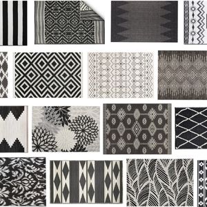 collage of black & white outdoor rugs