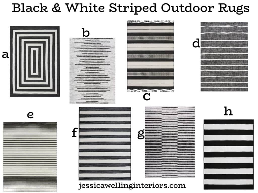 Black & White Striped Outdoor Rugs: collage of 8 different indoor outdoor rugs with black and white stripes