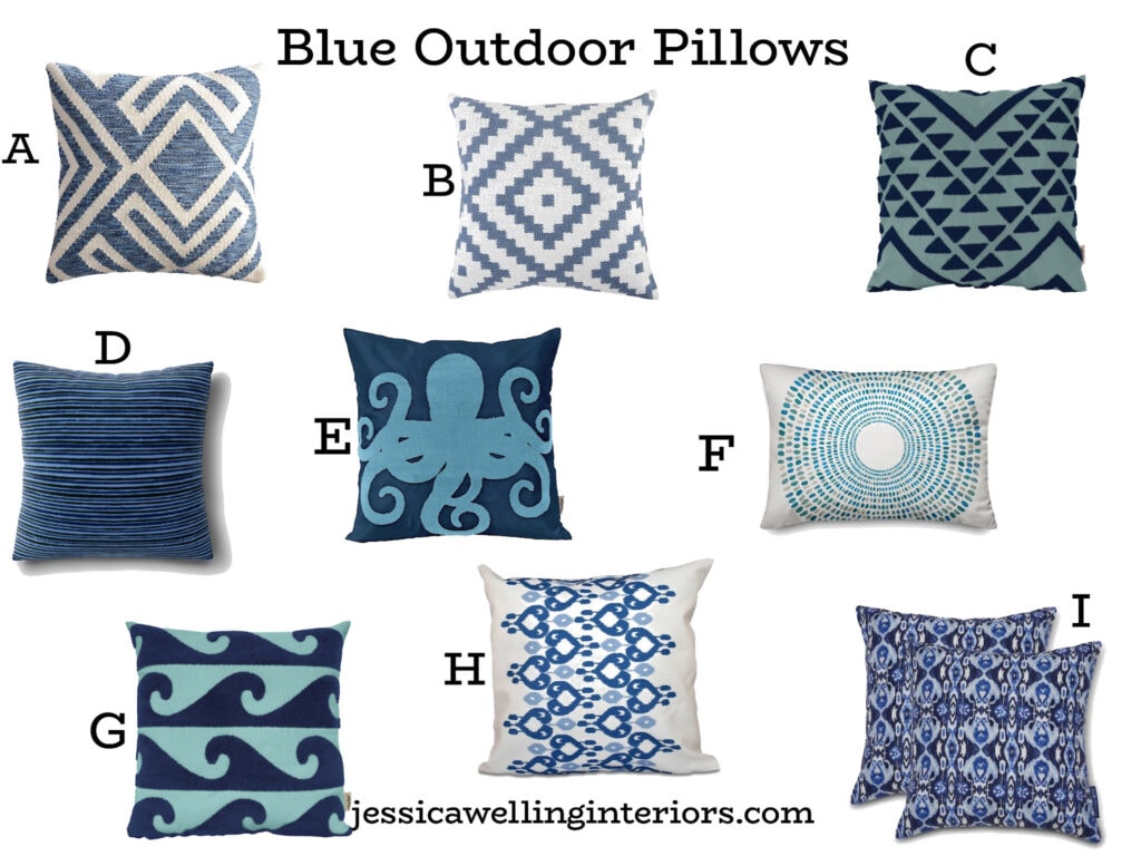 Blue Outdoor Pillows: collection of 9 blue patio pillows with Bohemian details
