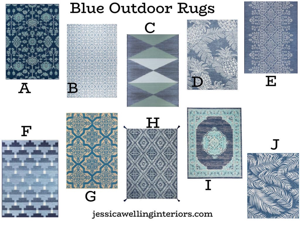 Blue Outdoor Rugs: collage of 10 blue indoor outdoor rugs with modern Boho patterns