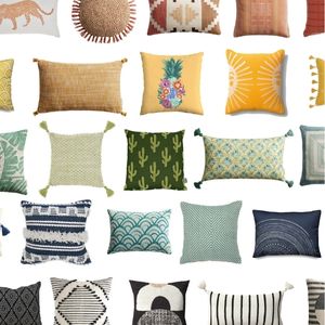 collage of colorful Boho outdoor pillows