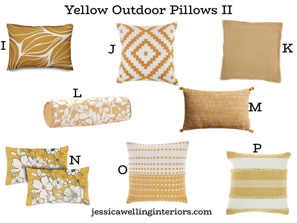 Yellow Outdoor Pillows II: collage of 8 different Boho outdoor pillows in yellow
