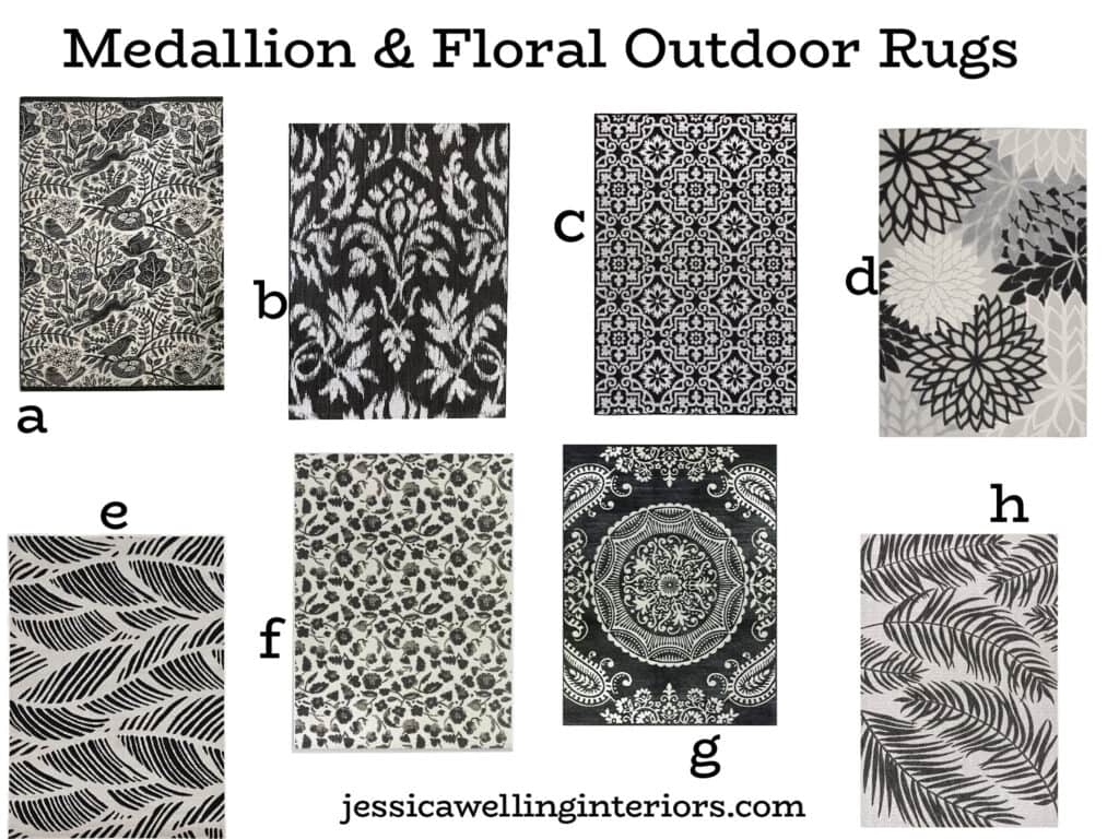 Medallion & Floral Outdoor Rugs: collage of black & white outdoor rugs with medallion and floral patterns