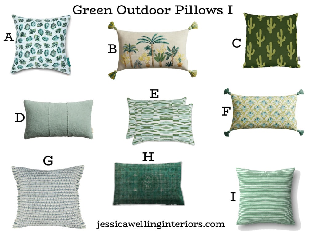 Green Outdoor Pillows I: collage of 9 outdoor pillows in green with Boho details